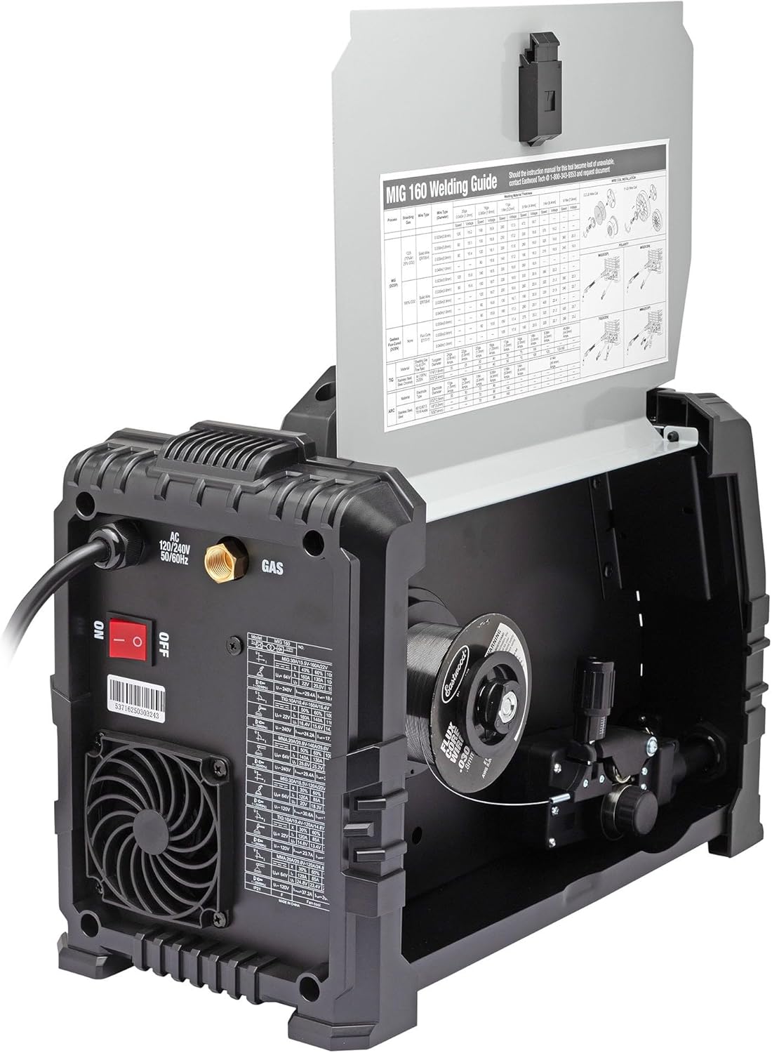 Inside view of Rockwood MIG 160 Welder showing wire spool and welding guide