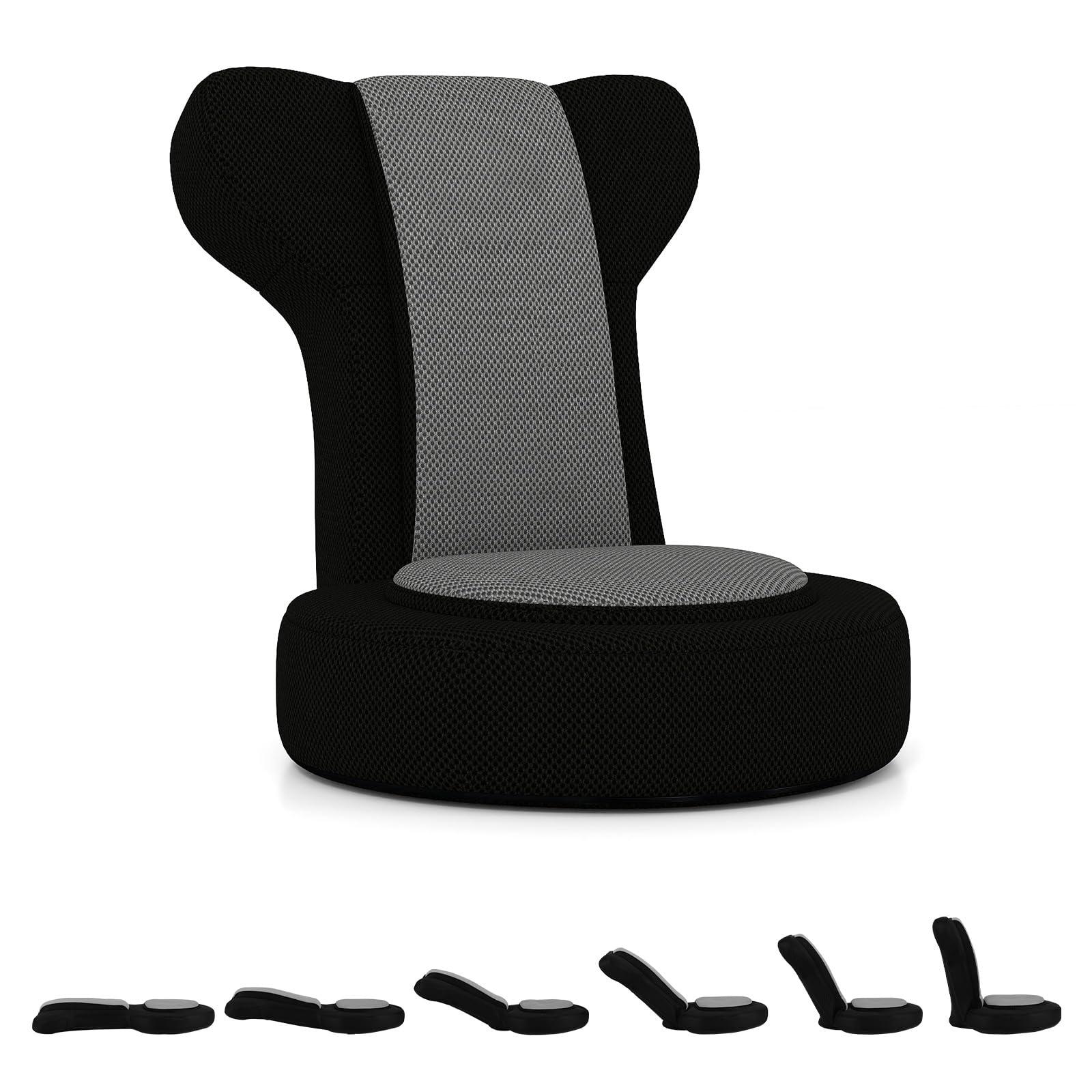 RELAX4LIFE Chaise de Sol avec Dossier Réglable en 5 Niveaux, 14 Positions d'Appuie-tête, Housse en Maille Respirant, Fauteuil de Jeu au Sol Reclinable pour Lecture Méditation Charge 140KG (Gris)