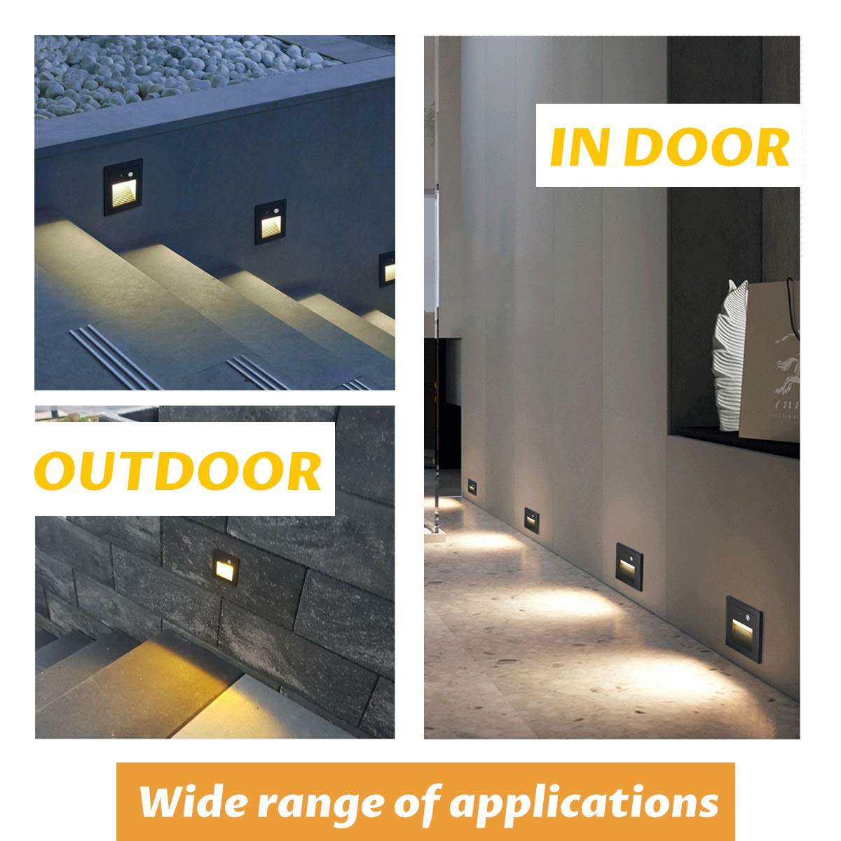Arote 8er 3W LED Treppenlicht mit Bewegungsmelder 3000K IP65 Quadratische Wandeinbauleuchte Wandleuchte Wandeinbaustrahler Stufenlicht Beleuchtung Lampe, innen aussen schwarz Alu 230V warmweiß, Sensor