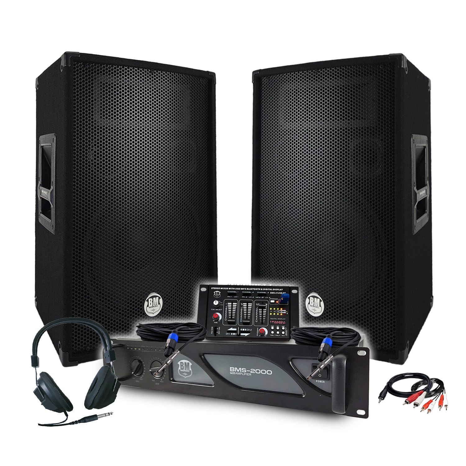 Pack Sono DJ BM Bmsonic Amplificateur 2000W, Paire d'Enceintes Passives 2x600W, Table de Mixage, Casque DJ, Câbles et Micro