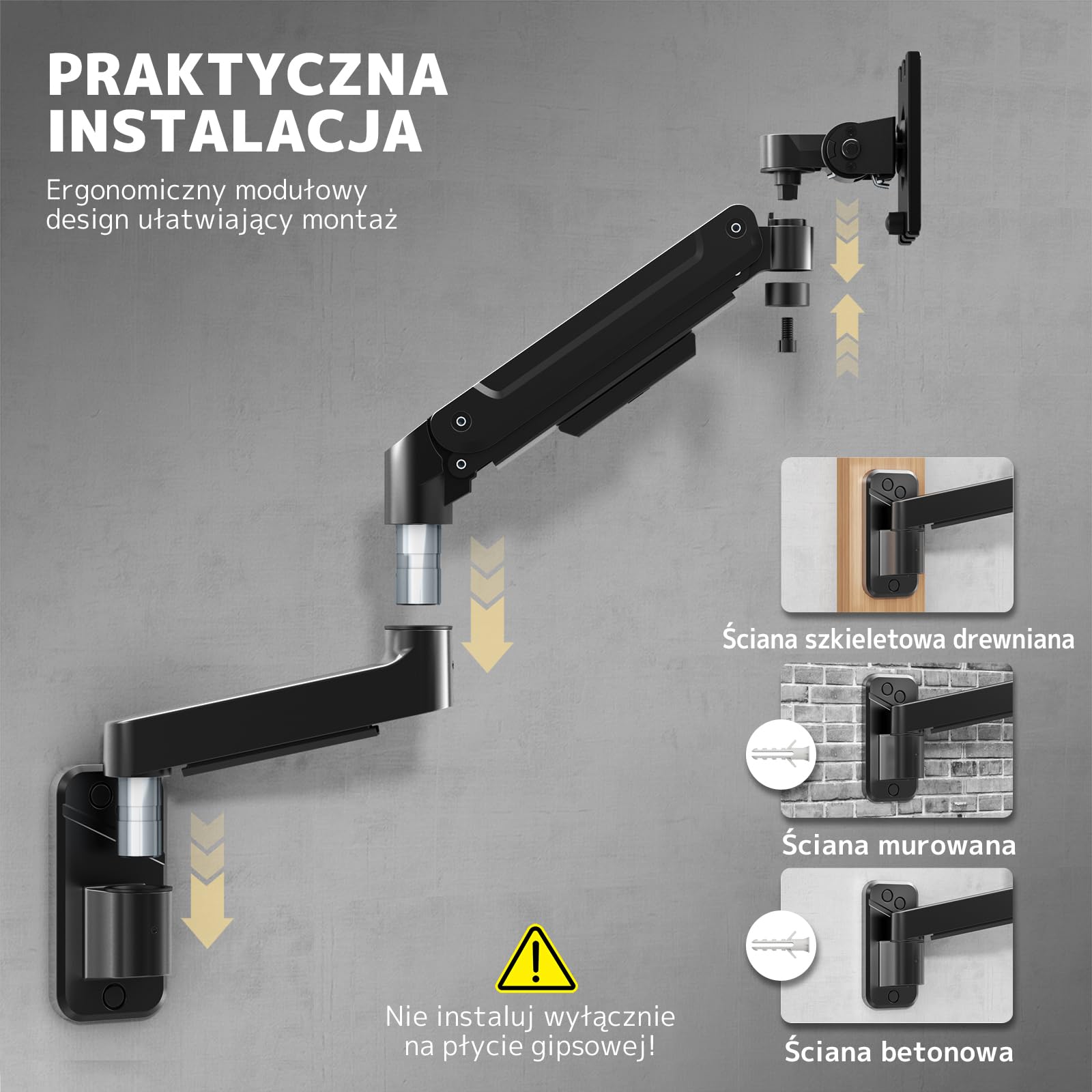 Uchwyt Ścienny do Monitora 17–49 cali, do 20 kg – VESA 75×75/100×100 – Regulacja: Pochylenie, Obrót, Rotacja & Wysokość – Wysuwane Ramię ze Sprężyną Gazową