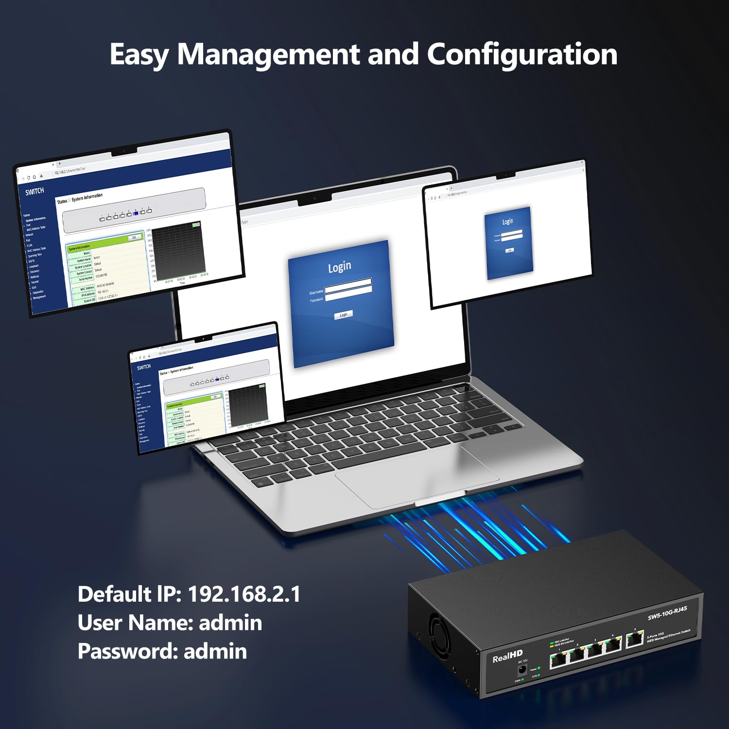 5-portowy przełącznik sieciowy Ethernet 10 GB RJ45, 5 x 10 Gigabit Base-T, obsługa wielu gigabitów Swicth 10 Gb/s, obsługa Swicth 5G-2,5G-1G-100M, 19-calowy montaż w szafie, przepustowość 100G