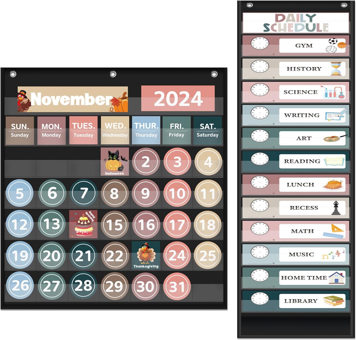 Monthly Calendar Pocket Chart for Classroom, Daily Schedule Pocket Chart with 12 Pcs Double-Sided Reusable Cards, Printed Day of the Week, Learning for Home or Preschool(Black Calendar+Daily Schedule)