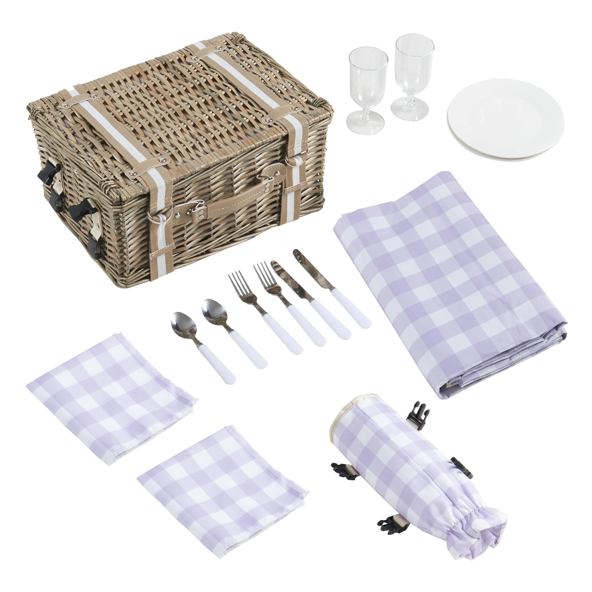 casa.pro Cestino Picnic per 2 Persone con Accessori Completi Valigetta Picnic in Vimini con Posate Piatti Bicchieri Coperta e Borsa Termica Design a Scacchi Bianco e Viola
