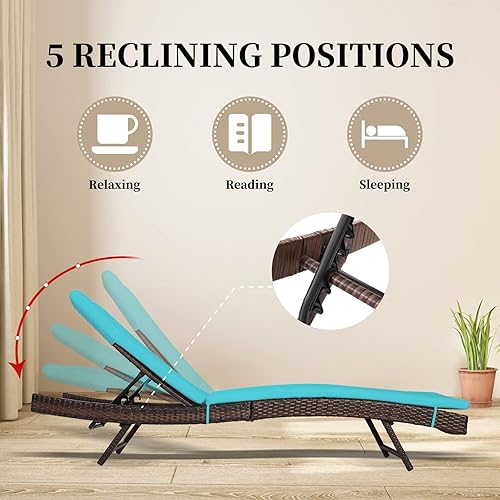 Miniatura 8 de NURTUDIS Sillón de ratán para patio con cojín azul extraíble, silla de piscina con respaldo ajustable, tumbona de PE al aire libre, sillón