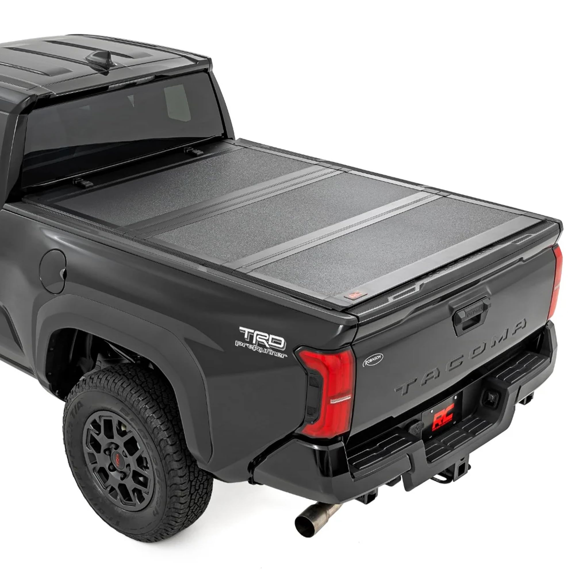 rough country hard tri-fold flip up tonneau cover for toyota tacoma (2024-2026) - flush aluminum bed cover, fits 6' bed w/utility rail system