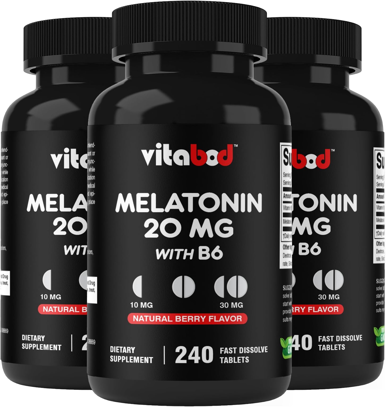 Vitabod Melatonin 20 mg - 240 Fast Dissolve Tablets - Drug Free - Natural Berry Flavor - Vegetarian, Non-GMO, Gluten Free 240 Count (Pack of 3)