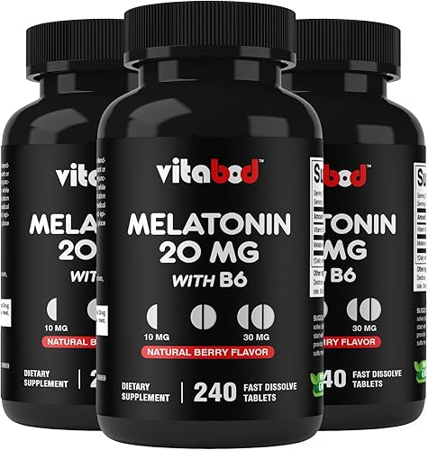 Melatonina 20 mg 240 tabletas de disolución rápida Sin drogas Sabor natural a bayas Vegetariano, sin OMG, sin gluten, 240 unidades (paquete de 3)