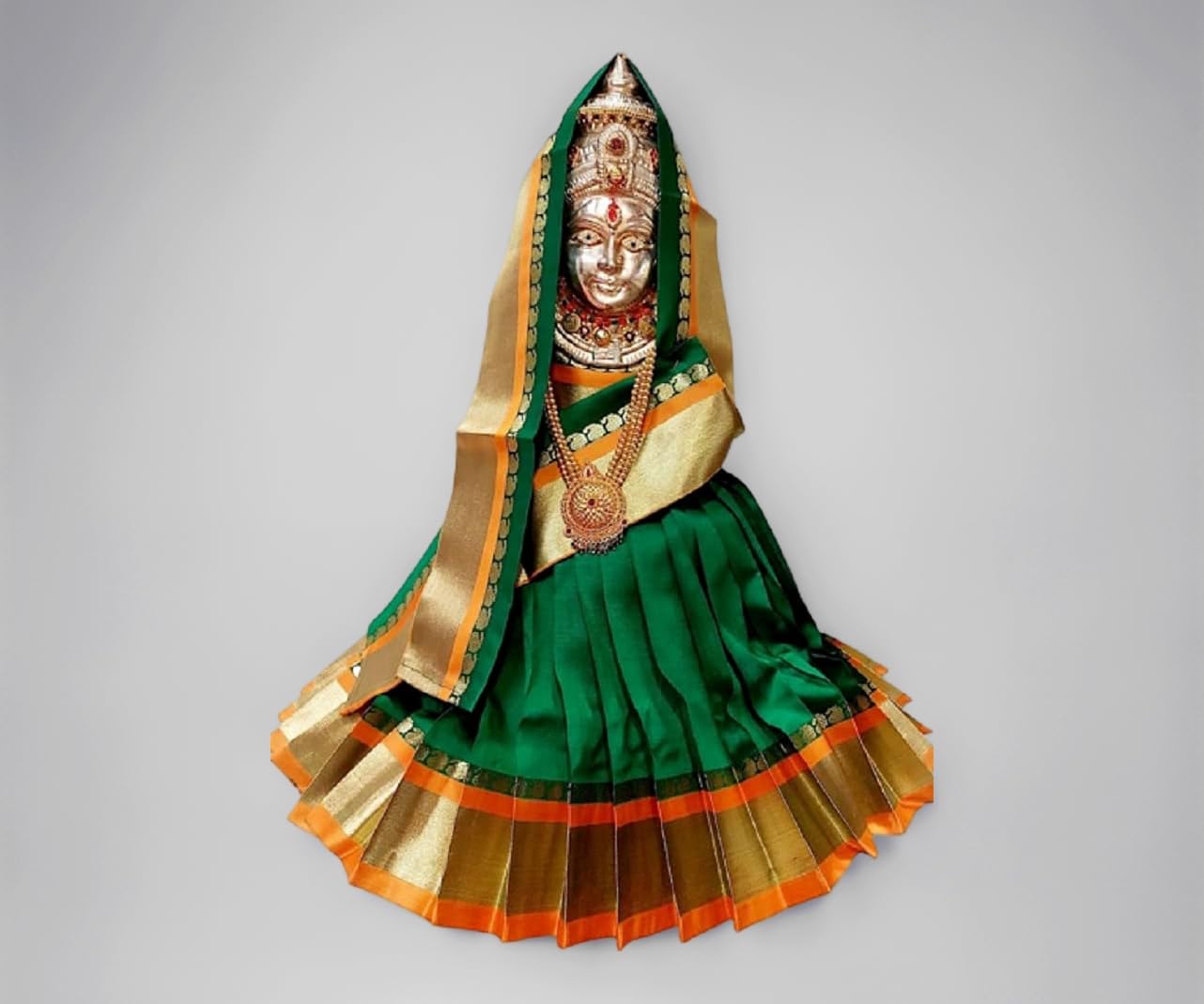 Navaratri Goddess Kalash Silk Saree (Green), MataRani Poshak, Maa Laxmi, Durga, Saraswati, Radha Chunri Patka and Lehenga/Ghagra Dress, Margashirsha Devi Maa Accessories for Pooja