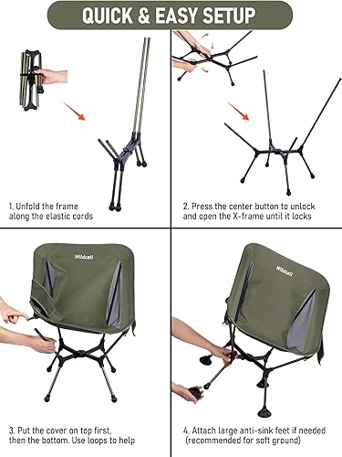 Miniatura 6 de WildCall Silla de camping plegable ligera con marco de configuración rápida, silla de playa compacta para mochileros con pies antideslizantes