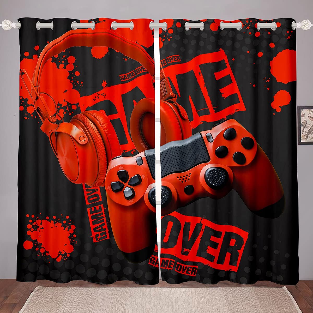 Rideaux pour chambre de garçon avec manette de jeu 3D rouge noir 117 x 183 cm