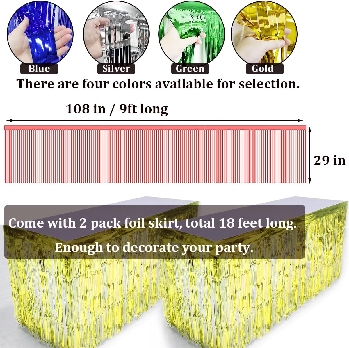 2 Pack 29x108 Inch Metallic Foil Fringe Table Skirt Tinsel Skirting Garland Banner for Parade Floats Trailer Mardi Gras Birthday Baby Shower Wedding Party Decoration (Gold)