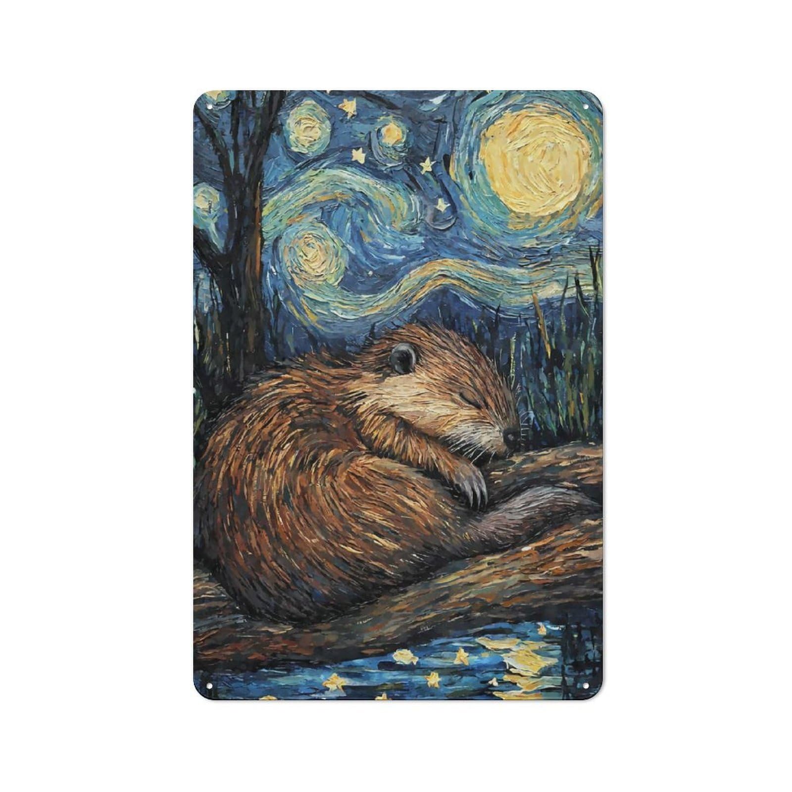 Junmoney Style-11 Beaver Sleeping Starry Night Retro Metal Wall Decor 30X20cm, Metal Sign For Bar, Kitchen, Garage Or Games Room
