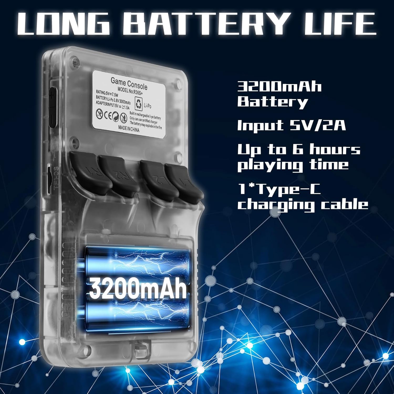 R36S console showing 3200mAh battery and charging details