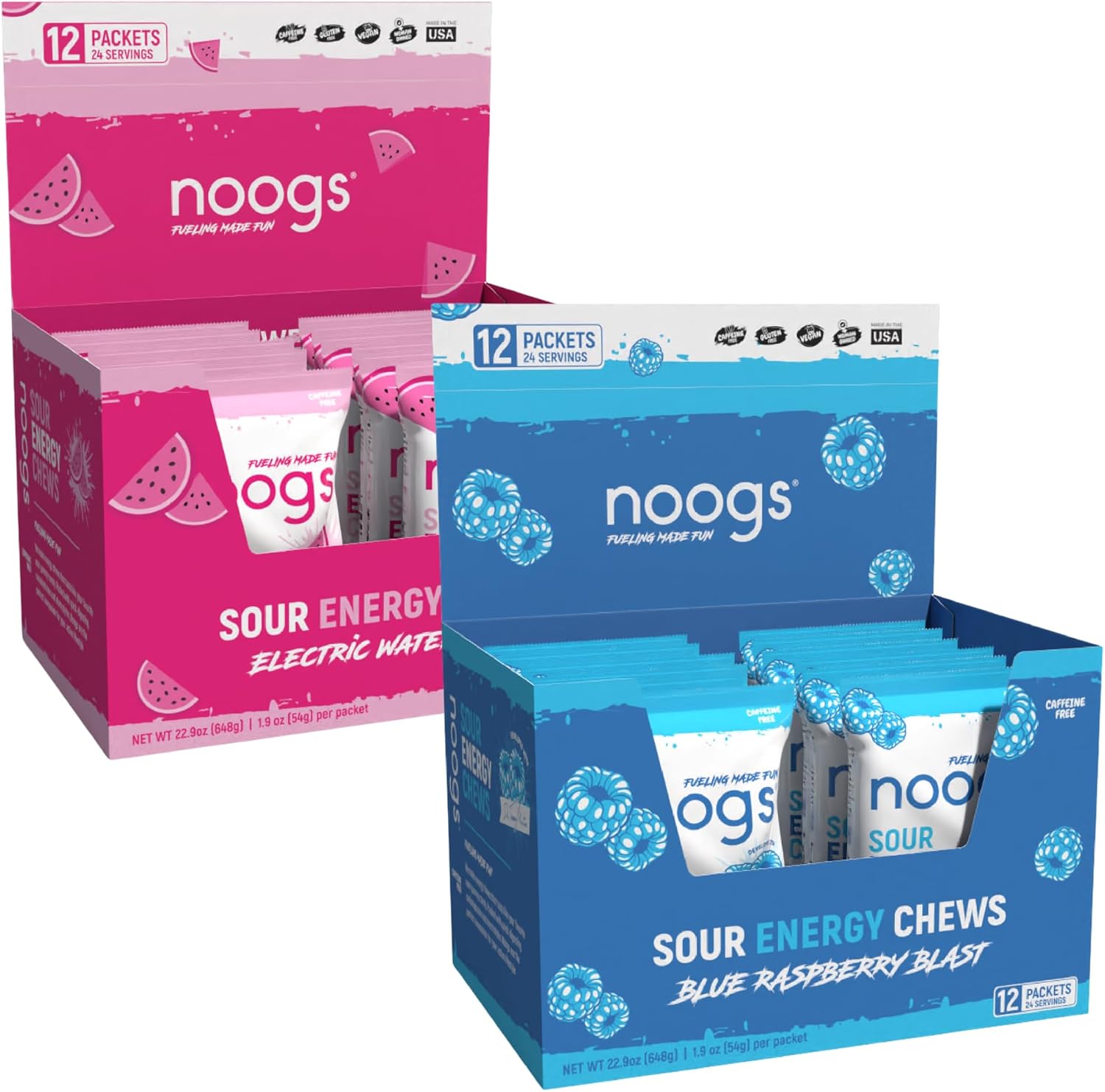 Noogs Electric Watermelon + Blue Raspberry Blast Sour Energy Chews Bundle - Electrolyte Energy Gummies - 24 Total Packs