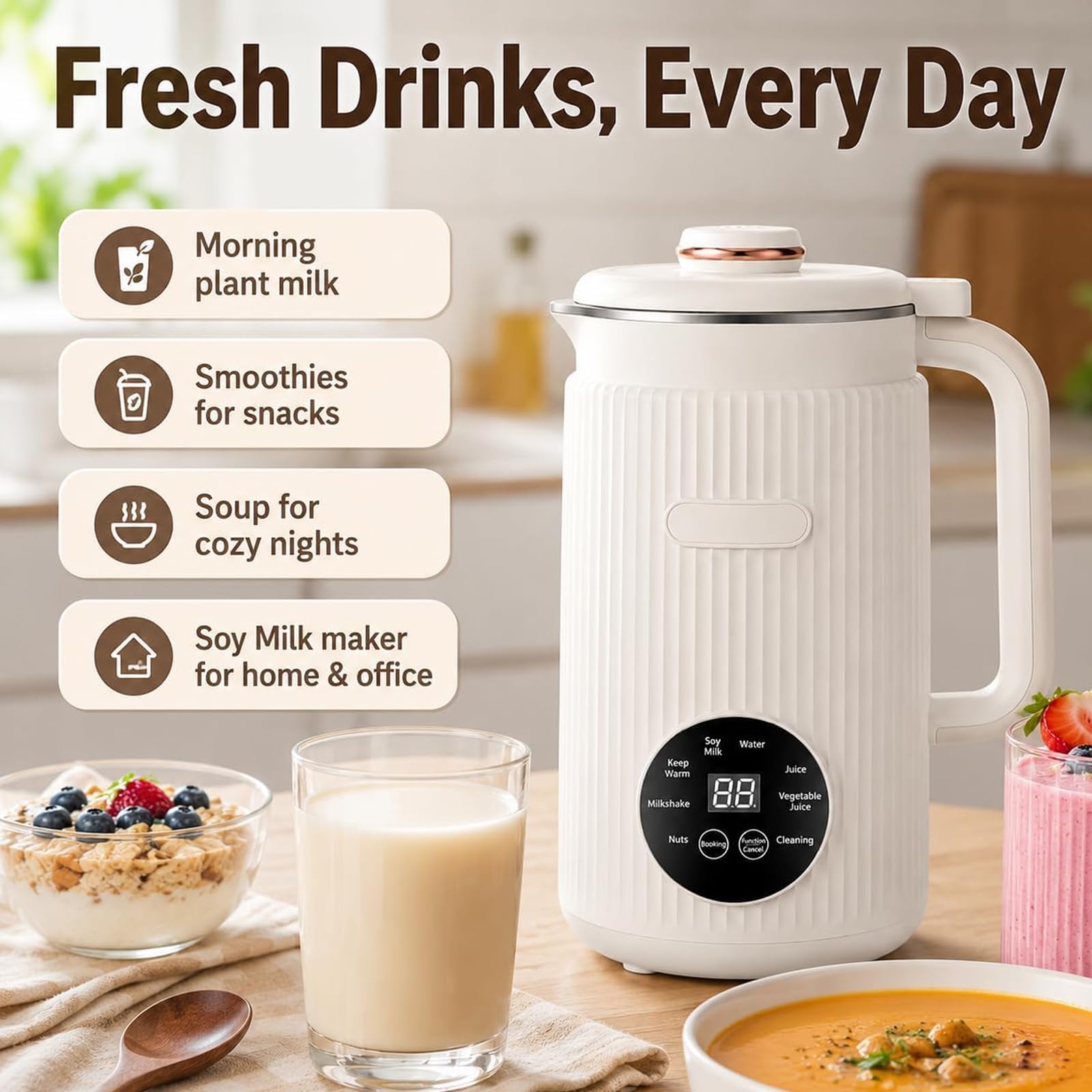 Makina do mleka orzechowego 1200 ml, 10 ostrzi / 8 inteligentnych | Samoczyszcząca i automatycznie wyłączająca się automatyczna maszyna do produkcji mleka sojowego(white)