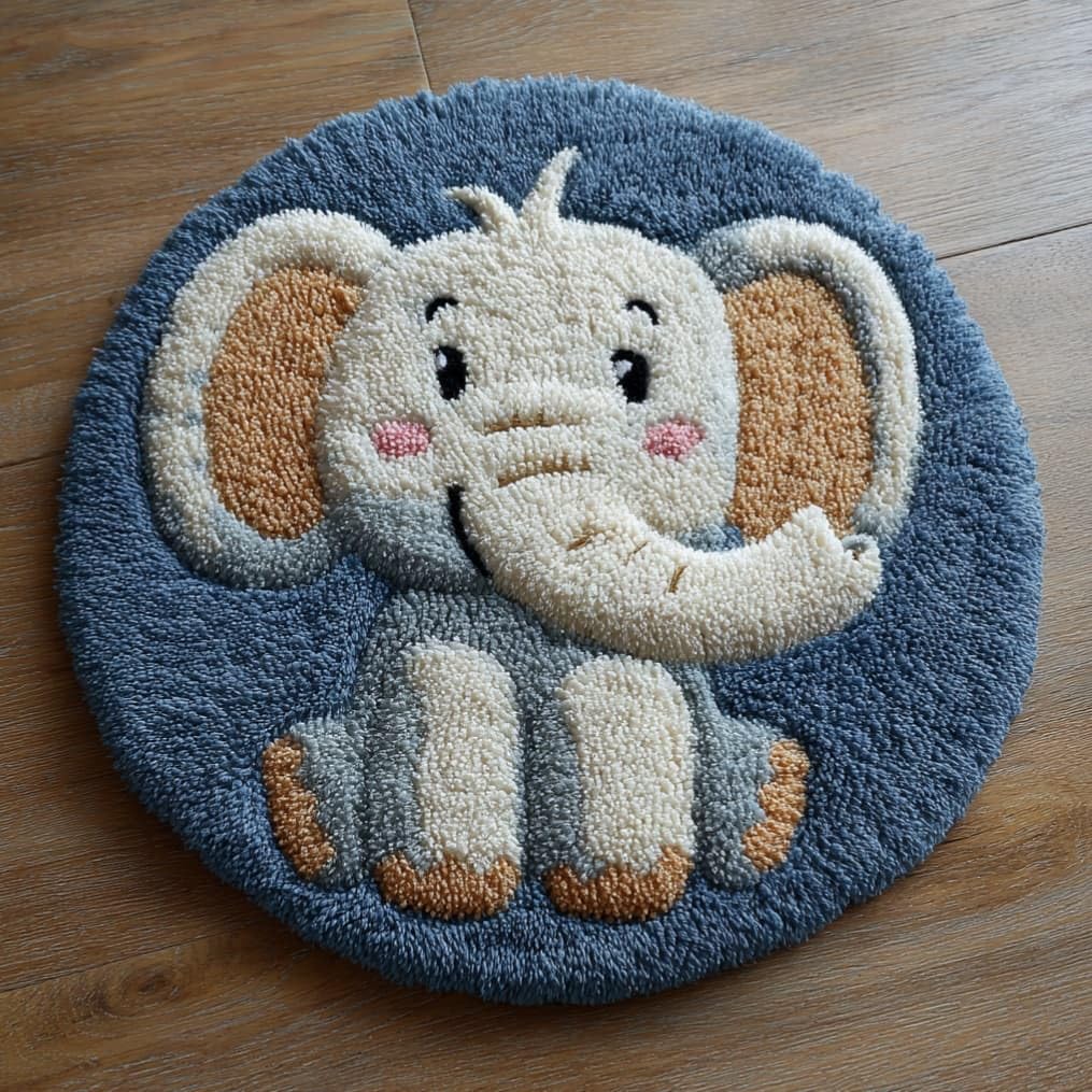 kitphoenix Round DIY Latch Hook Rug Kits Elephant 20X20Inch (50X50Cm) Easy for Beginners Round Carpet Crochet Yarn Craft Large Rug Hook and Latch Tapestry for Home Decor