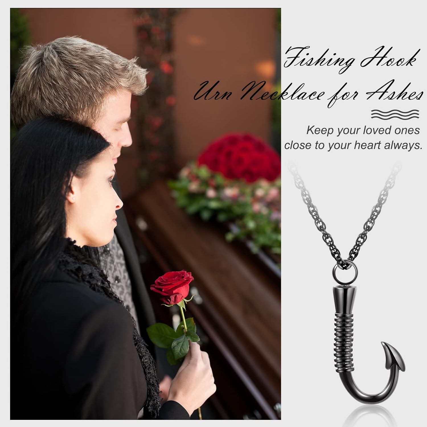 Kenning Set of 3 Fishing Hook Urn Necklace for Ashes Black Fish Hook Stainless Steel Cremation Jewelry Ash Keepsake Memorial Pendant for Men Father Day - Image 5