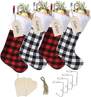 Thrjia Christmas Stockings 4 Pack,Buffalo Plaid Christmas Stockings,18 Inch White Red Black Plaid Christmas Stockings,Xmas Stockings Set of 4 Pack Family Stockings.