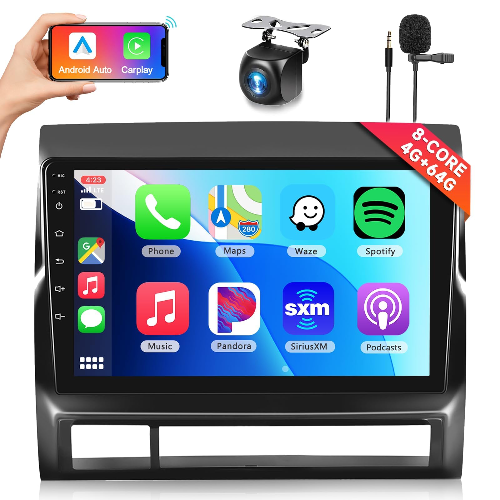 8 CORE 4G+64G Car Radio for Toyota Tacoma 2005-2013 with Wireless CarPlay/Android Auto, Podofo 9 Inch 1280 * 720P IPS Touch Screen Stereo Android 13