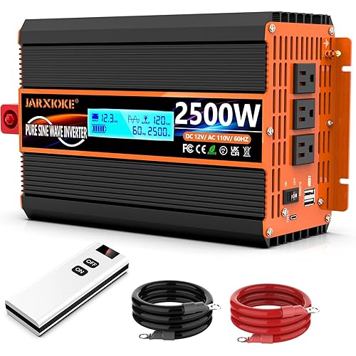2500 Watt Pure Sine Wave Power Inverter 12V DC to 110V 120V Converter for Family RV Off Grid Solar System Car with Type-C Ports 3 AC Power Outlets Dual USB Ports LCD Display Wireless Remote Control
