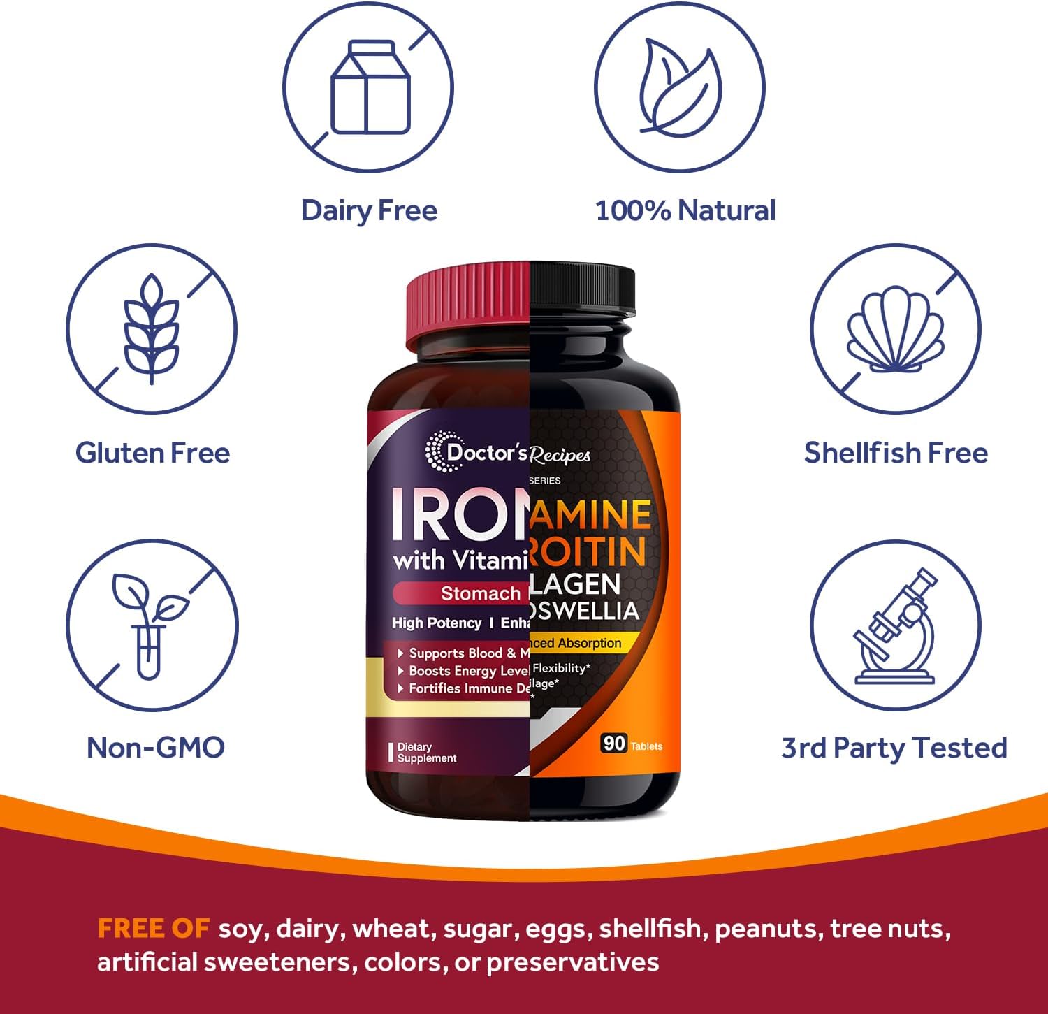 Doctor's Recipes Iron 65 mg & Glucosamine Chondroitin MSM Bundle, Healthy Iron Levels & Comfortable Joints, Iron Tablets 60 ct & Joint Support Tablets 90 ct