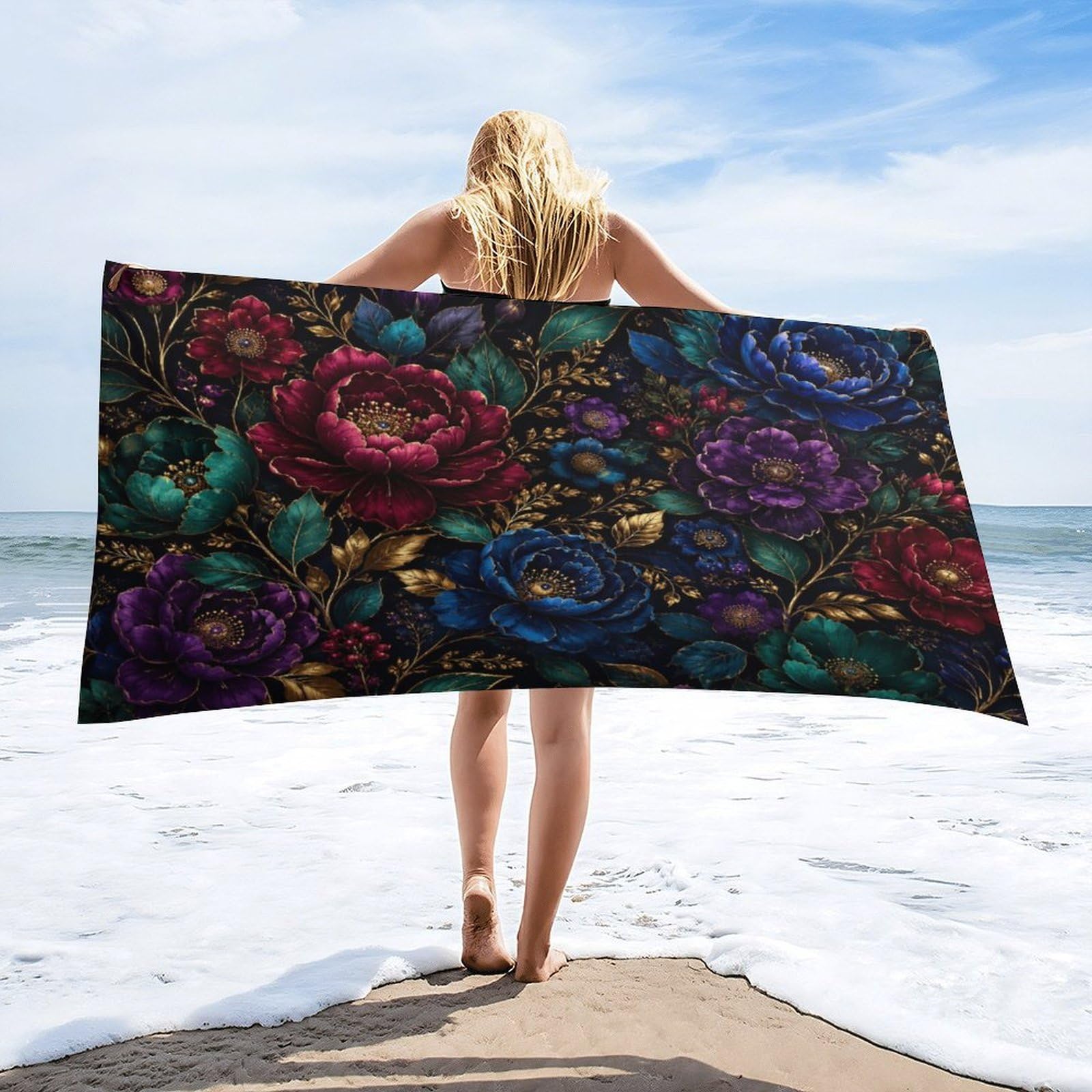 Anceky Dark Floral Beach Towel 32"×63",Soft Microfiber Bath Towel Shawl, Quick Dry Absorbent Pool Spa Gym Shower Towel