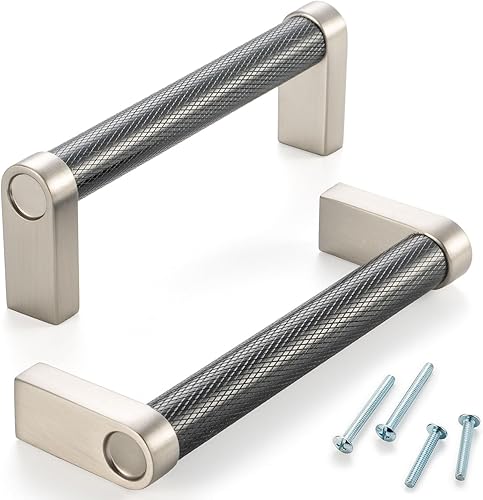 Miniatura 60 de Paquete de 5 tiradores de gabinete de 3–3/4 pulgadas estriado en negro y oro, manijas de gabinete mate en negro y oro cepillado AP1311, herrajes