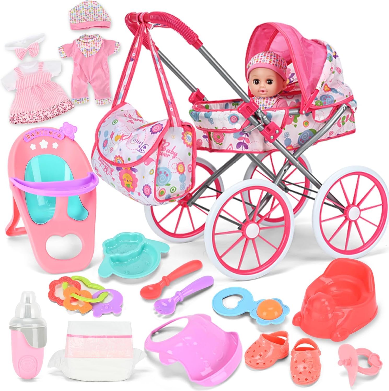 Baby Doll Stroller Toy Set with 12.5'' Doll and Accessories- 2 Doll Clothes, Diaper, Dining Chair, Pacifier, Storage Bag, Baby Doll Stroller Toys for Girls Toddlers 3-5 4-6 5-7 Gifts for Pretend Play