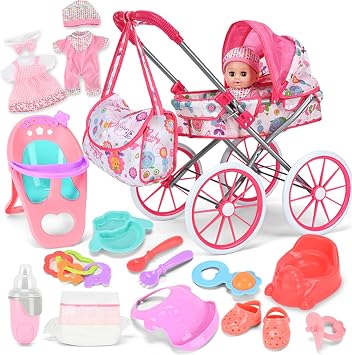 Baby Doll Stroller Toy Set with 12.5 Doll and Accessories- 2 Doll Clothes, Diaper, Dining Chair, Pacifier, Storage Bag, Baby Doll Stroller Toys for Girls Toddlers 3-5 4-6 5-7 Gifts for Pretend Play