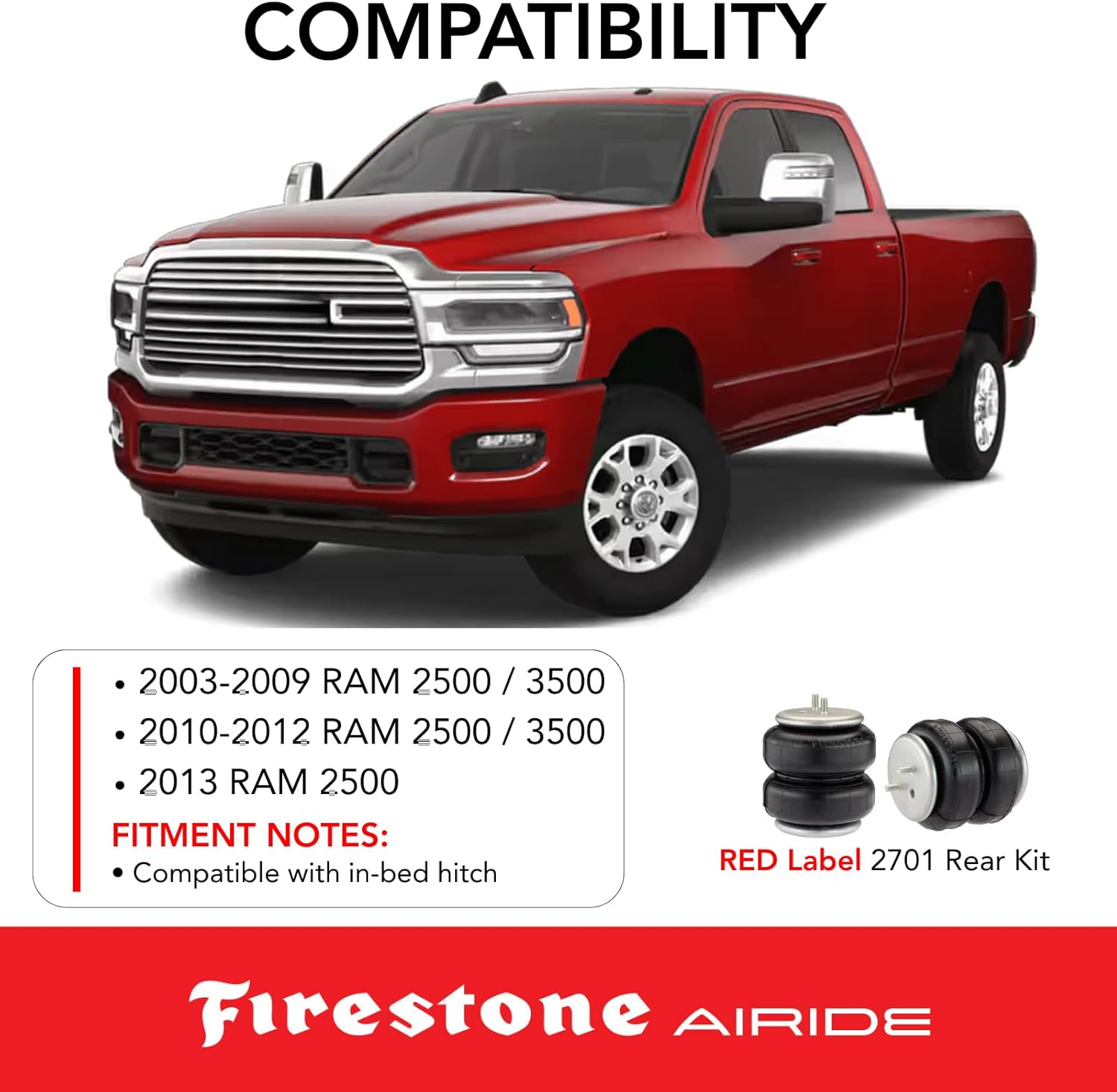 Firestone Airide 2701 Red Label Rear Air Springs Kit fits 2010-2012 Ram 2500 3500 | 5-150 PSI | No Drill Installation | Load Capacity of 7,500 Pounds