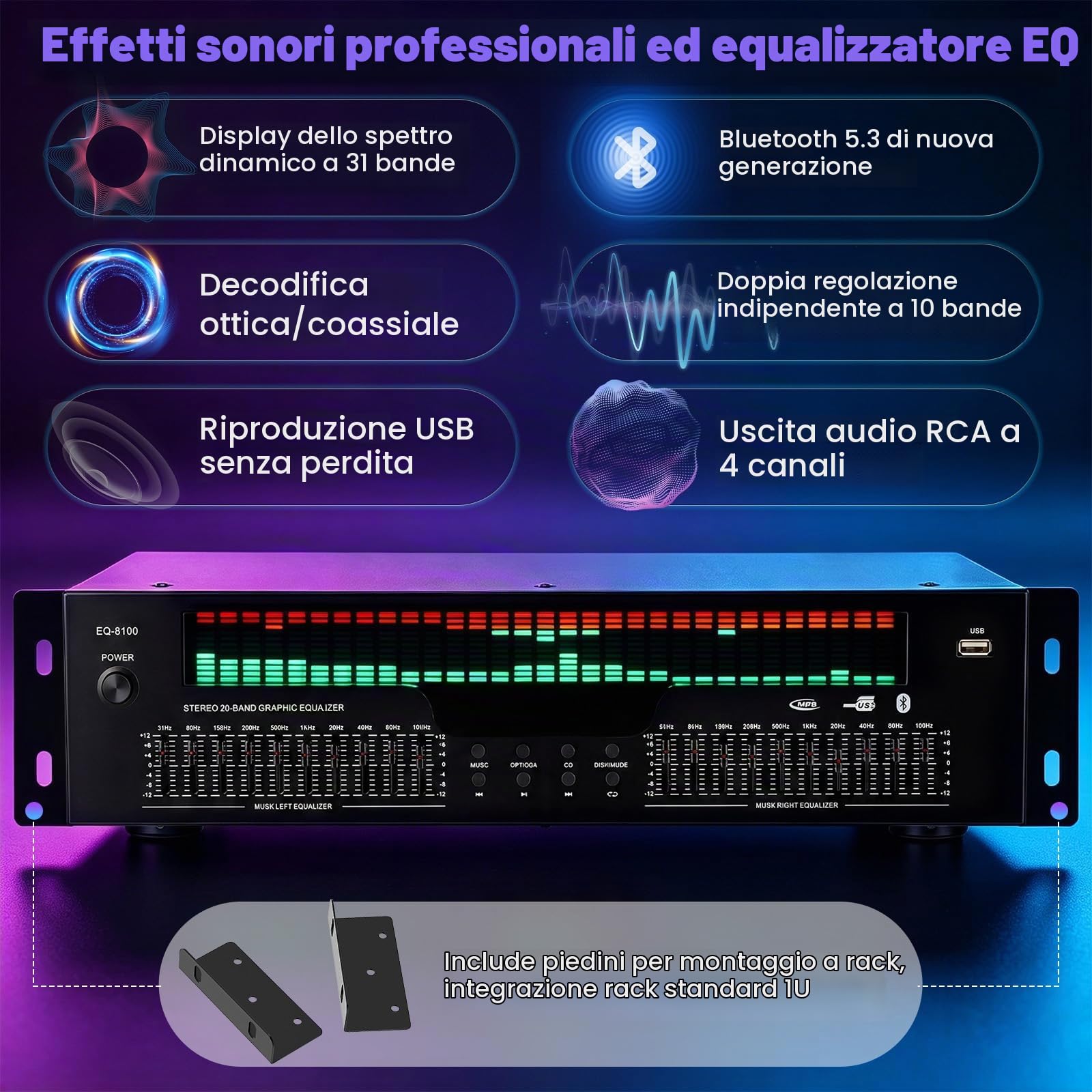 Equalizzatore digitale a 31 bande, display spettro LED, basso rumore