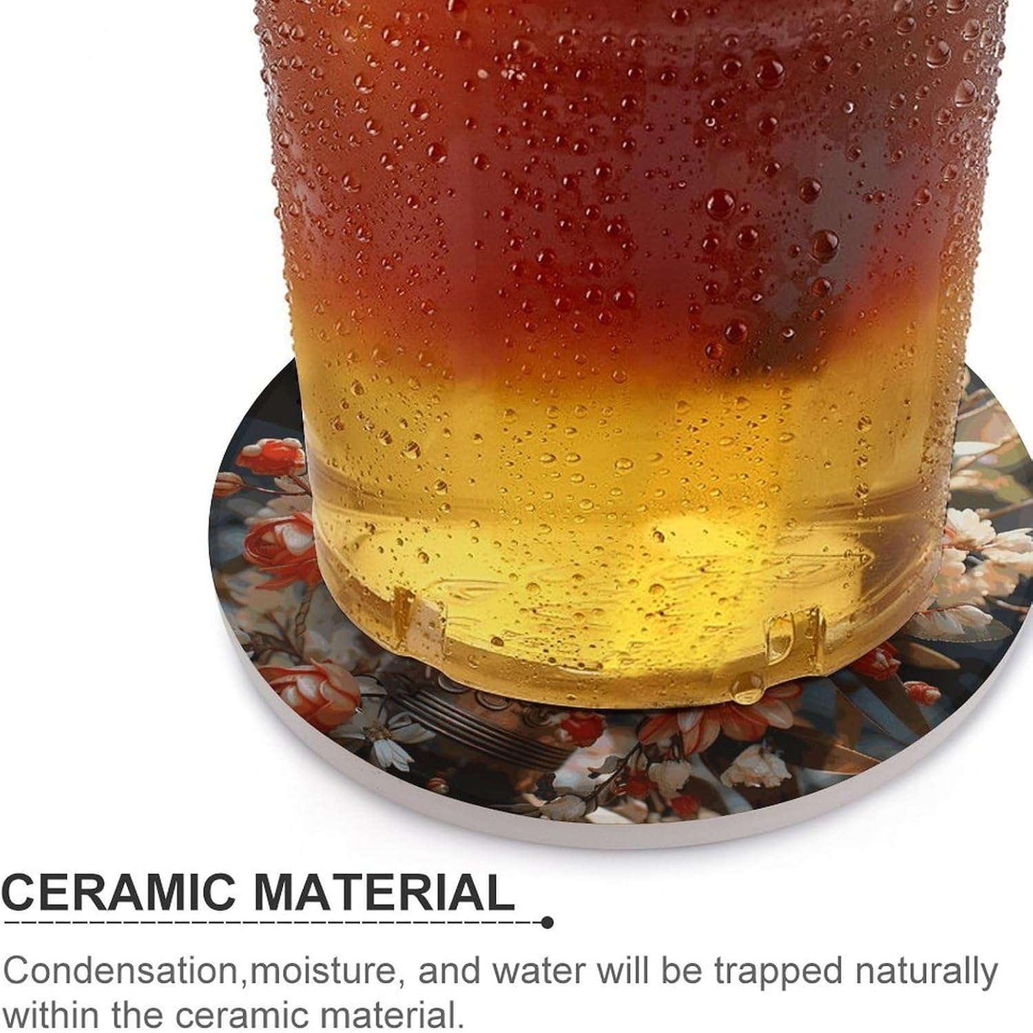 Orange Flowers Coasters for Drinks Absorbing Round Ceramic Stone Coaster with Cork Base Coffee Cup Beverage Table Cup Mat Modern Style Bar Coaster Set for Home Decor