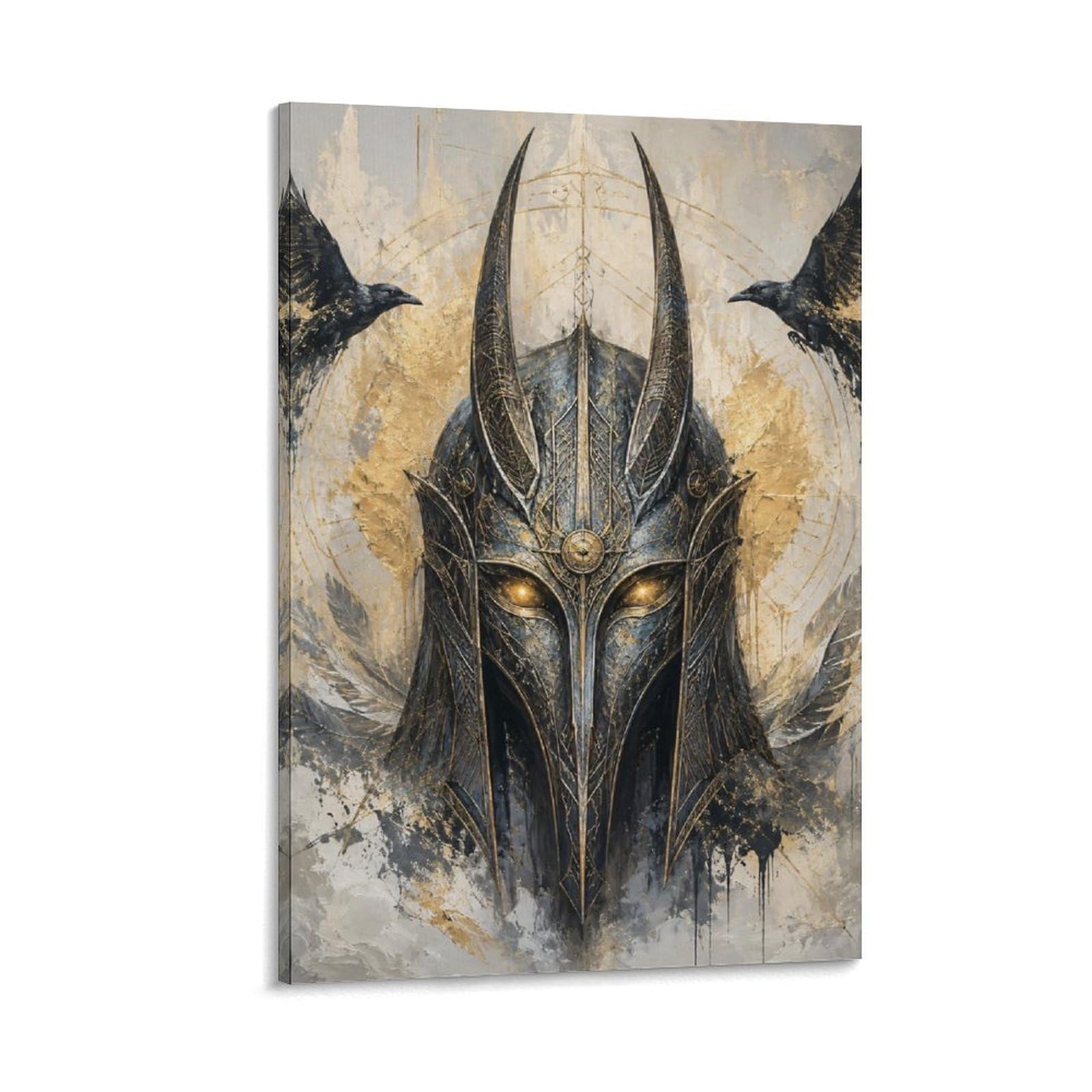 H3B8U2Y5 Viking Helmet Twin Ravens Canvas Wall Art, Dark Nordic Fantasy