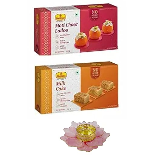Haldiram's Nagpur Sugar Free Motichoor Laddu (250 gm),Sugar Free Milk Cake (250 gm) with Lotus Medium Diya + Free Diwali Greeting