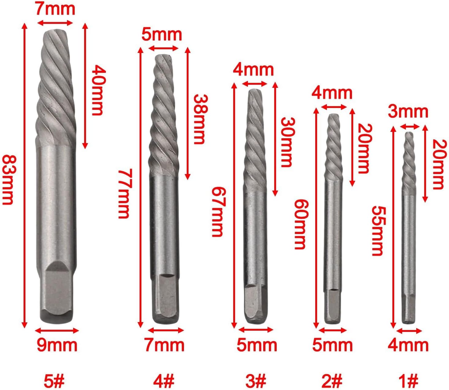 Screw Extractor Set with Spiral Flute Removers & HSS Drill Bits Broken, Damaged, or Stripped Screws – 5-Piece Extractors (1#–5#) + 5-Piece HSS Bits (3/32–5/16)