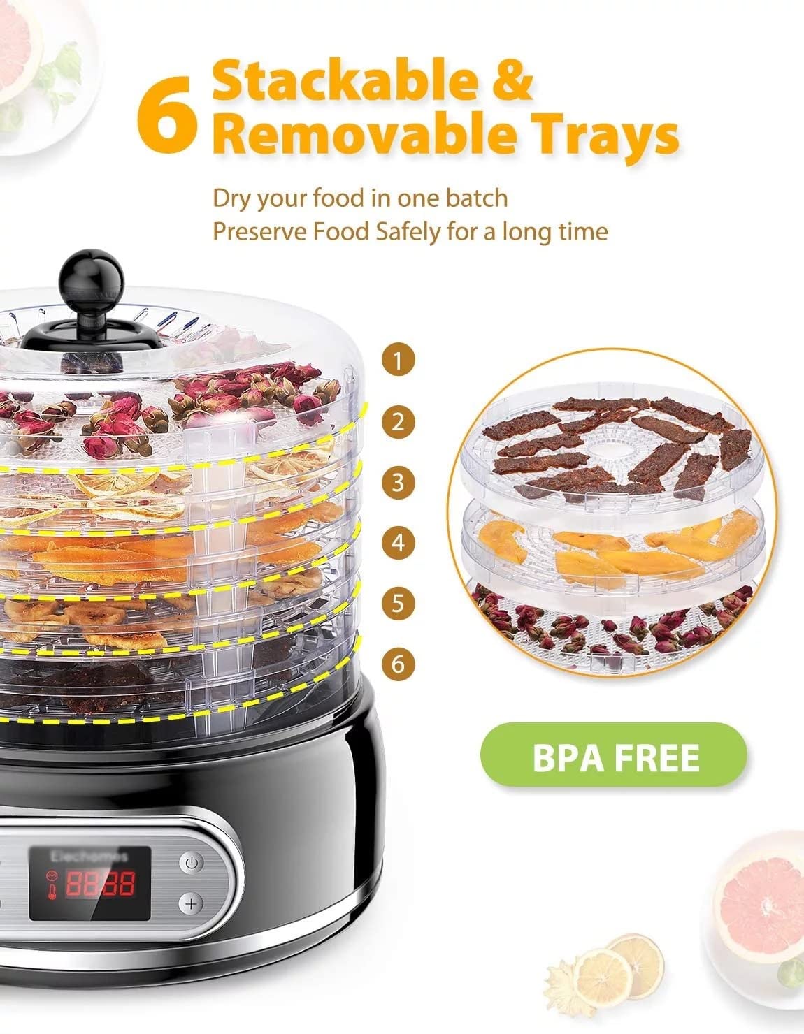 Deshidratadores para Alimentos y cecina, Temporizador Digital Ajustable y secador con Control de Temperatura Deshidratadores para Alimentos y cecina, Hierbas, Carne, Frutas, Verduras