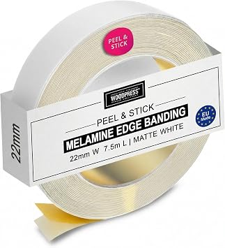 22mm Matt White Peel & Stick Edging Tape - 7.5m Self-Adhesive Melamine Trim - Veneer Strip w/Sticky Backing - Easy DIY Fix No Iron On Edge Banding for Repair to Worktop, Shelf, Cabinet