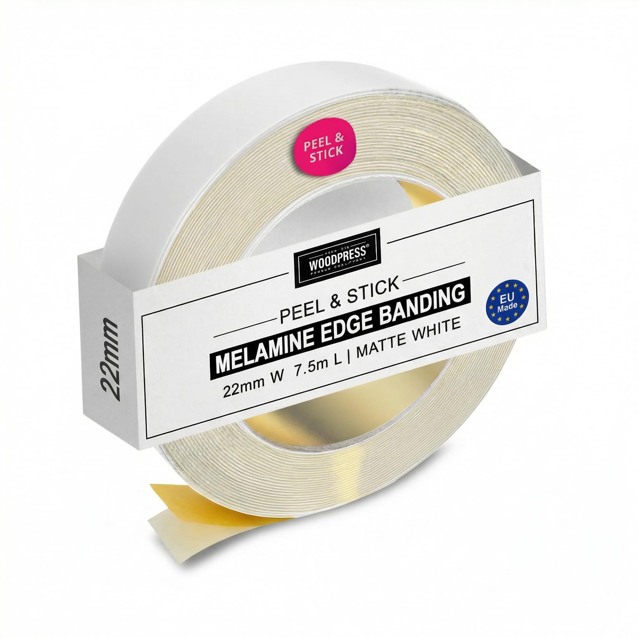 WoodPress® 22mm Matt White Peel & Stick Edging Tape - 7.5m Self-Adhesive Melamine Trim - Veneer Strip w/Sticky Backing - Easy DIY Fix (No Iron On) Edge Banding for Repair to Worktop, Shelf, Cabinet