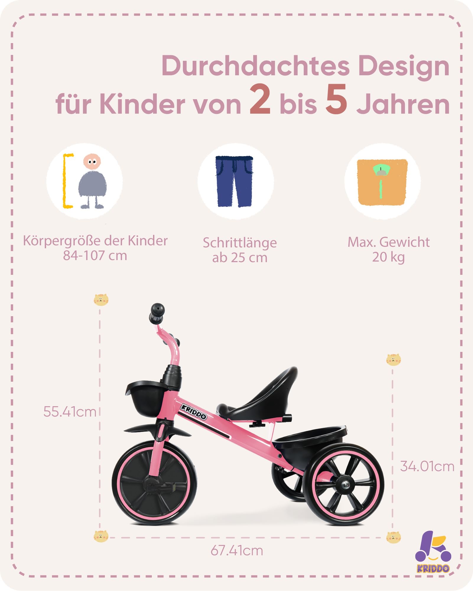 KRIDDO Dreirad ab 2 Jahre, Dreirad für Kinder von 24 Monate bis 5 Jahre, Kinderdreirad Lauflernhilfe, Geschenk für Kleinkinder von 2-4 Jahren, Dreiräder, Rosa