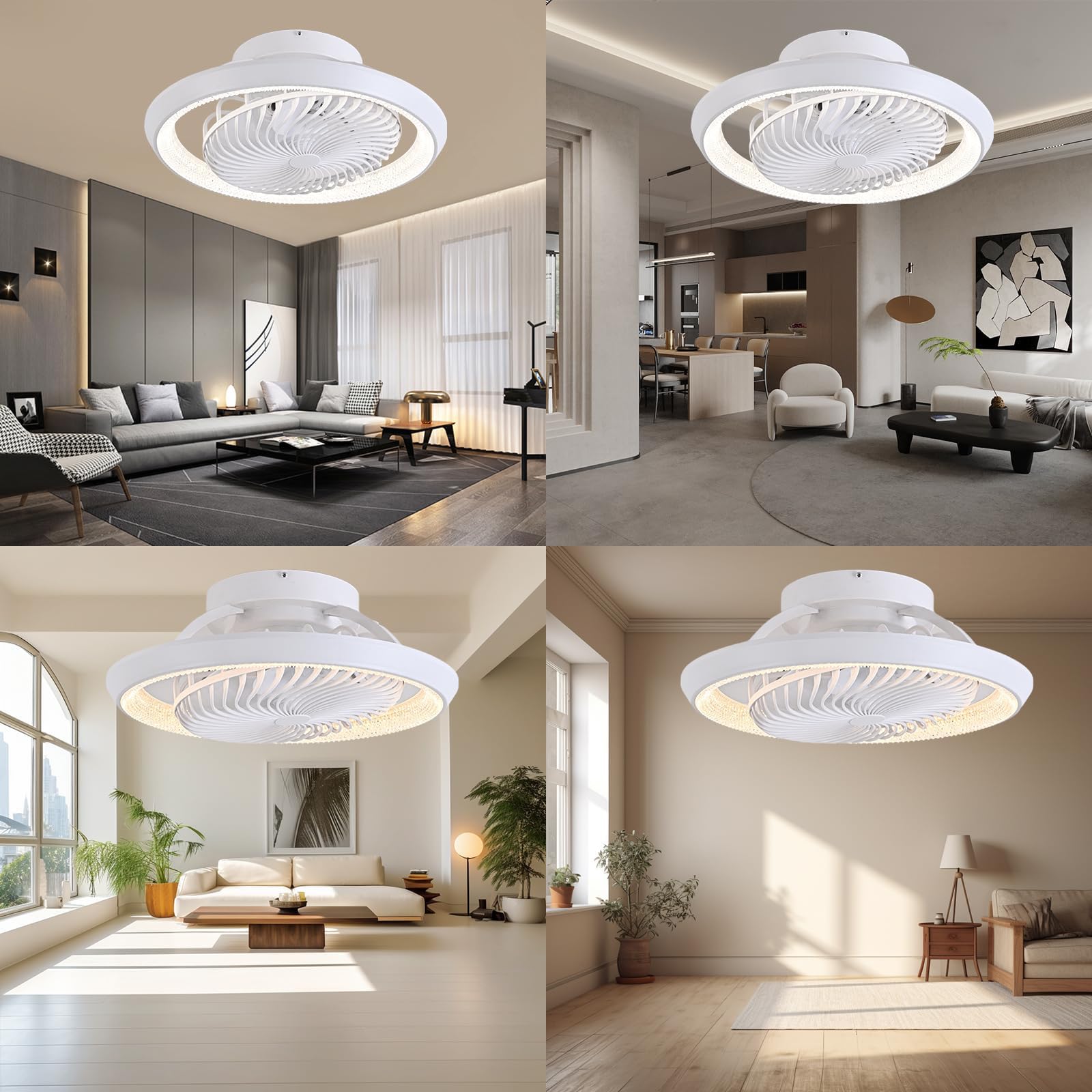 Deckenventilator mit Beleuchtung leise 360° Drehbar, 49cm Moderne Deckenlampe mit Ventilator und Fernbedienung, APP Steuerung, 6 Windstufen, DC Motor, für Schlafzimmer, Weiß