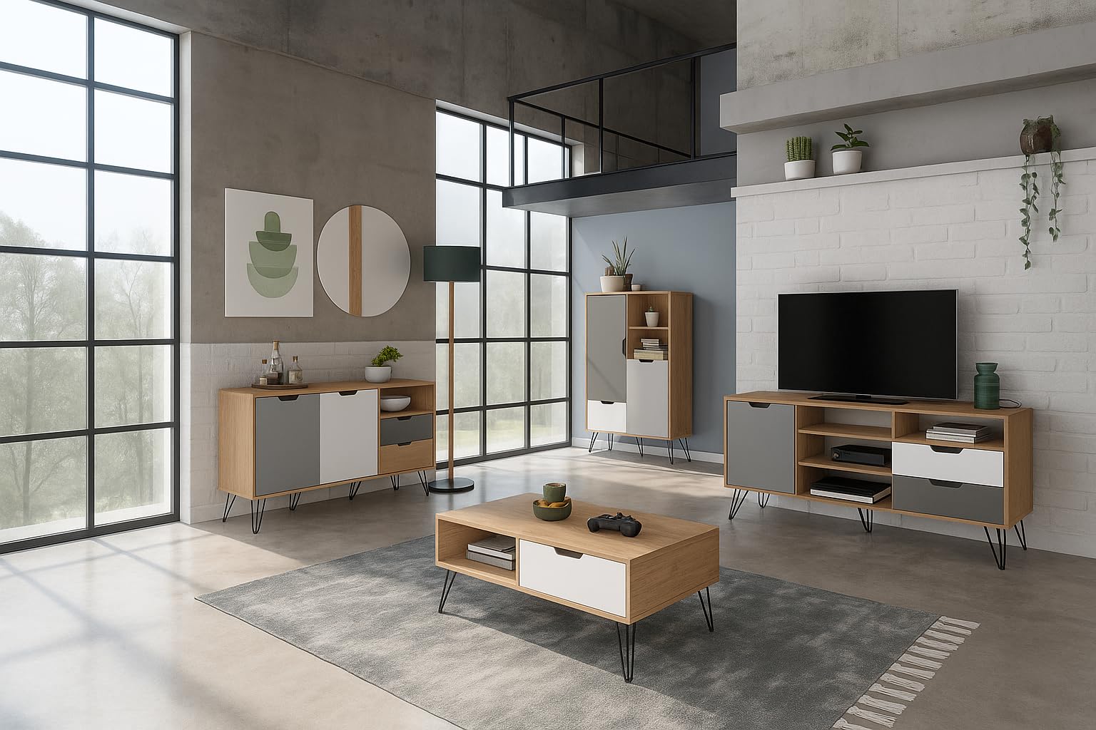 MOMMA HOME Conjunto Completo de Salon y Comedor, Modelo Estocolmo, Acabado Roble, Blanco y Gris, Aparador + Mueble TV + Mesa de Centro + Aparador Alto Botellero