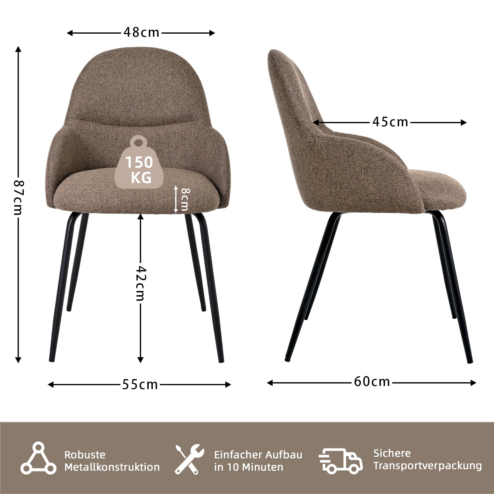 Salle à Manger Lot De 6 Chaises Design en Lin Marron, Assise RembourréE Spacieuse avec Accoudoirs, Pieds en MéTal Solides, AdaptéEs pour Cuisine Et Salon