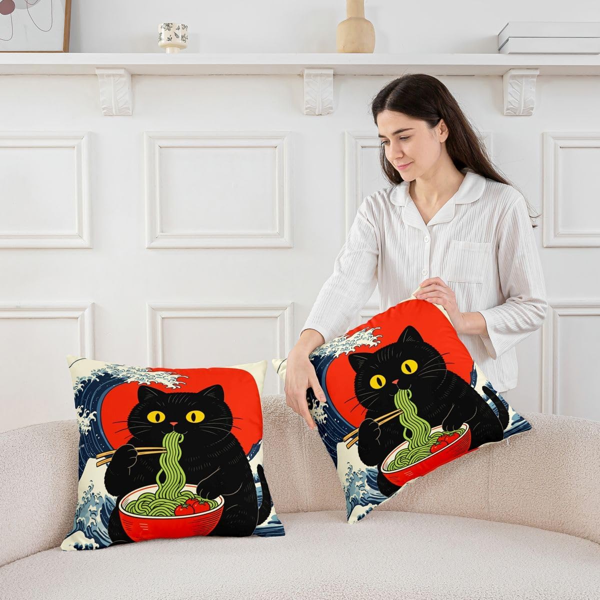 Erosebridal Cartoon Black Cat Set of 2 Throw Pillow Cover 24x24 | Japanese Anime Cushion Cover Kawaii Little Animal Cushion Case Retro Anime Style Decorative Pillowcase image 3