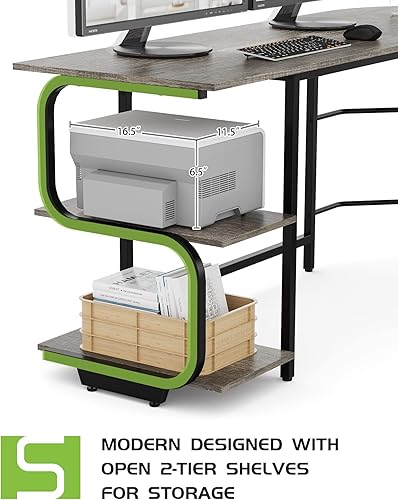 Miniatura 7 de Teraves Escritorio reversible en forma de L con estantes, escritorio de computadora, escritorio de juegos para oficina en casa, escritorio de