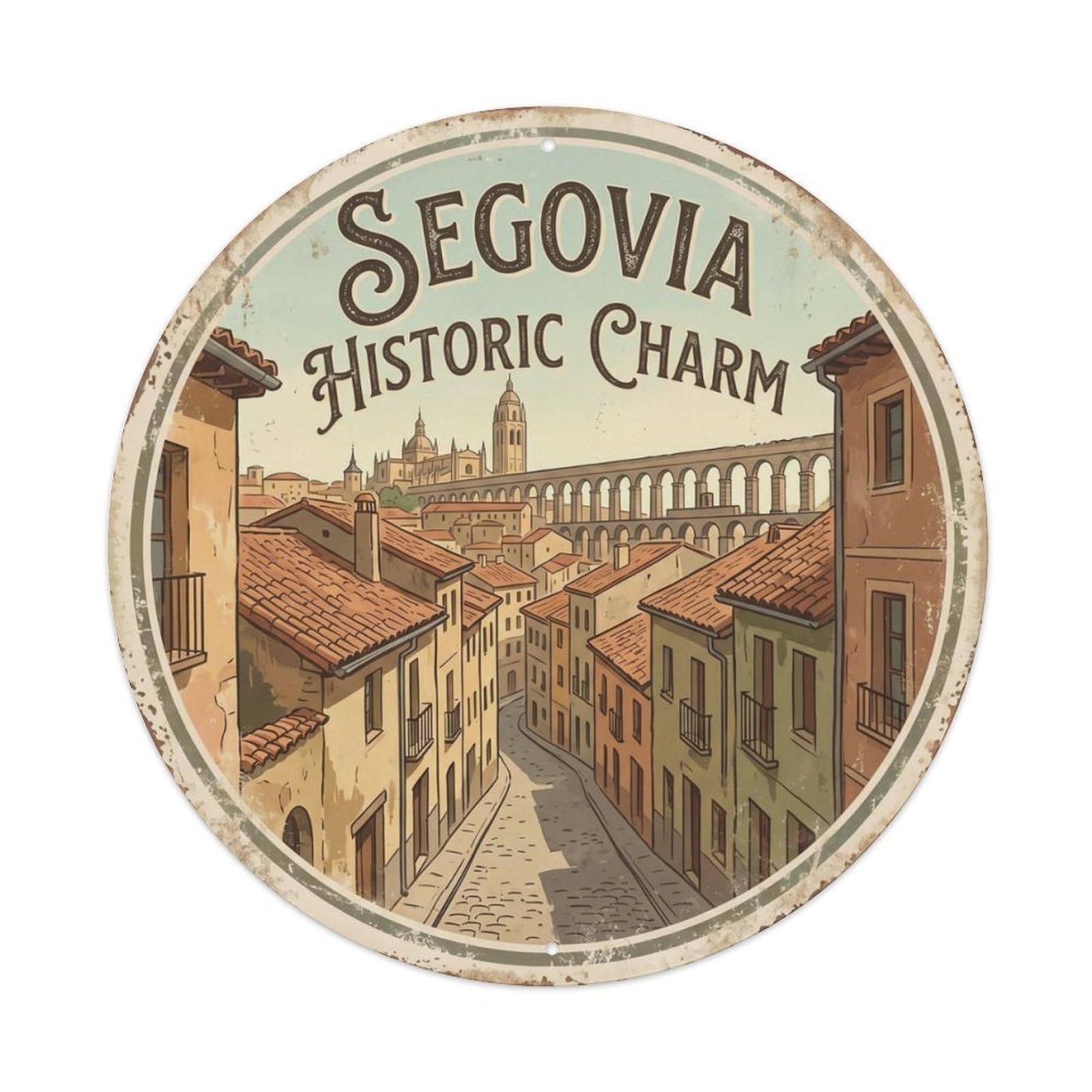 Vintage Travel Oldtown Spain Heritage Metal Tin Sign Plaque Wall Decor for Cafe, Club Bar, Office, Home Garden Round Metal Poster 8x8Inch
