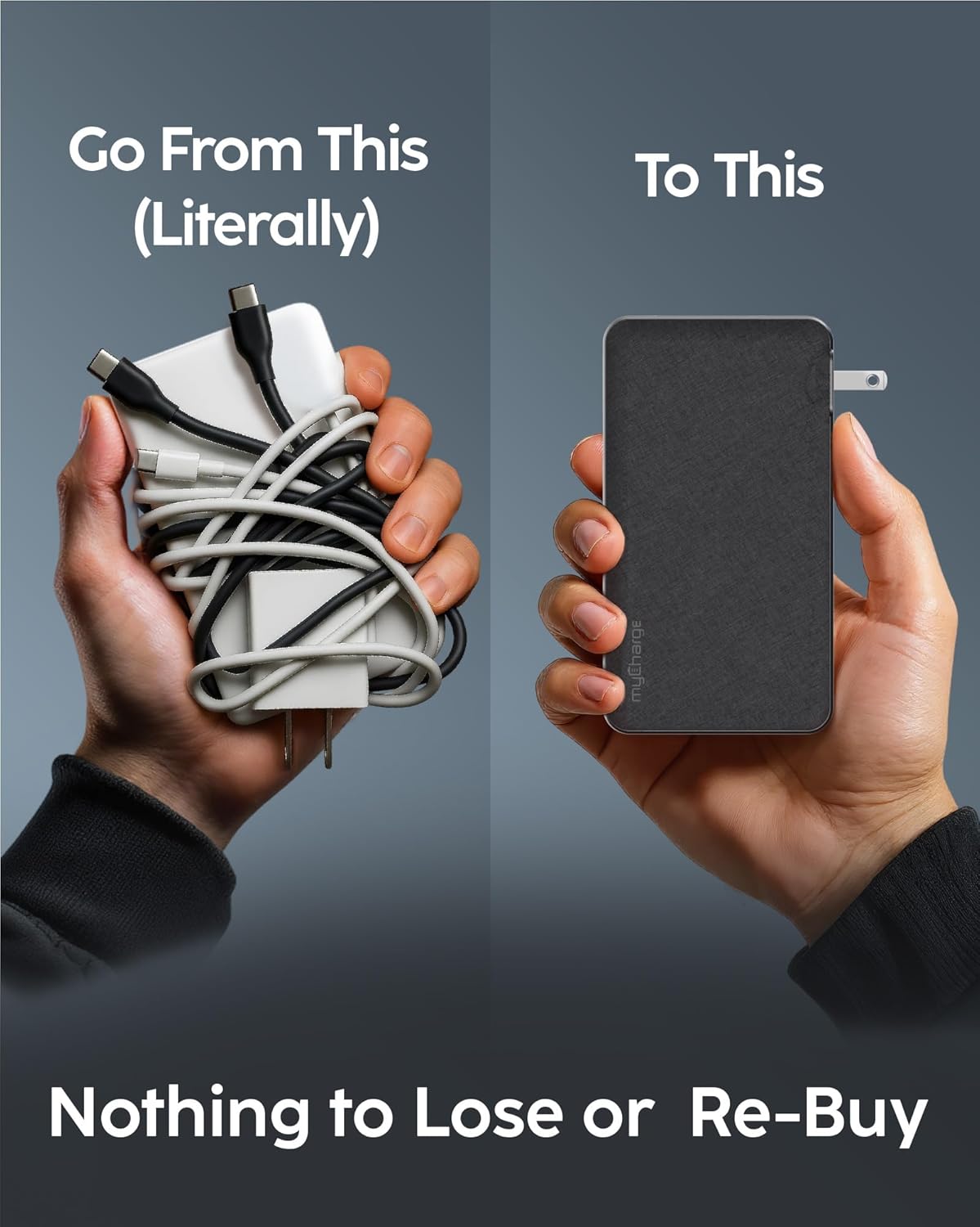 myCharge RetractaCharger 20000mAh Portable Charger Power Bank for Laptops, Phones & Tablets with 28-inch Retractable Dual USB-C Cables | Premium Fabric | Built-in Wall Plug | 30W PD Fast Charging