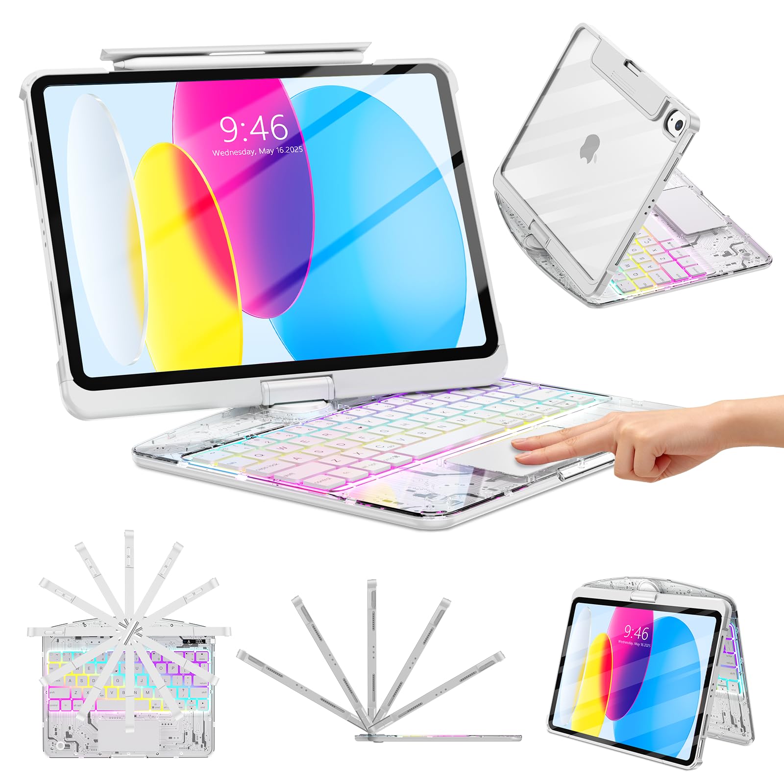 TSQQST Custodia trasparente per tastiera wireless per iPad (A16) 11a generazione 11" 2025/iPad 10a generazione 11" 2022 con portapenne e trackpad multi-touch, retroilluminazione a 7 colori, girevole a