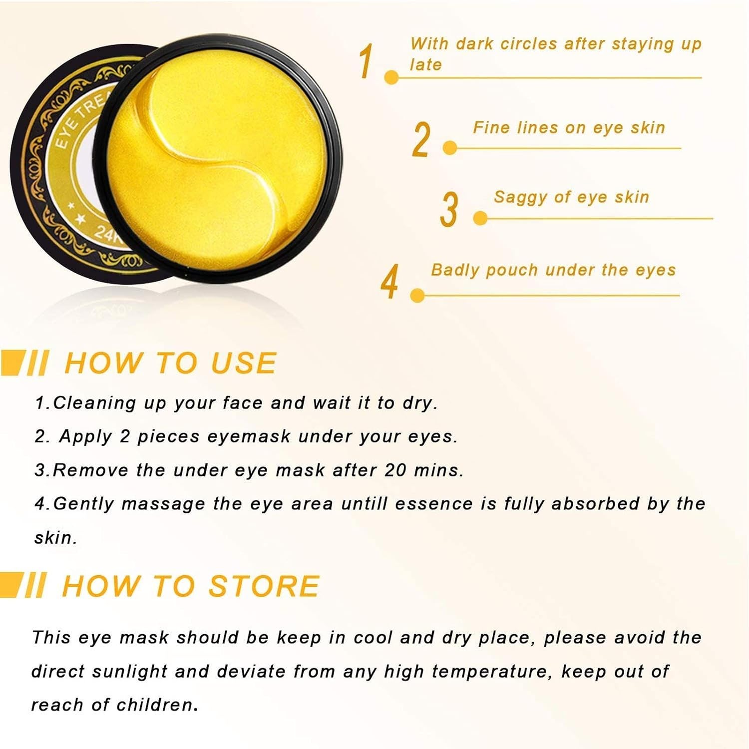 Under Eye Mask, 24K Gold Collagen Under Eye Patches, Eye Pads for Puffy Eyes Bags, Dark Circles, Eye Gel Treatment Masks, Anti Wrinkle, Moisturizing Improves Elasticity (24K Gold-30 Pairs)