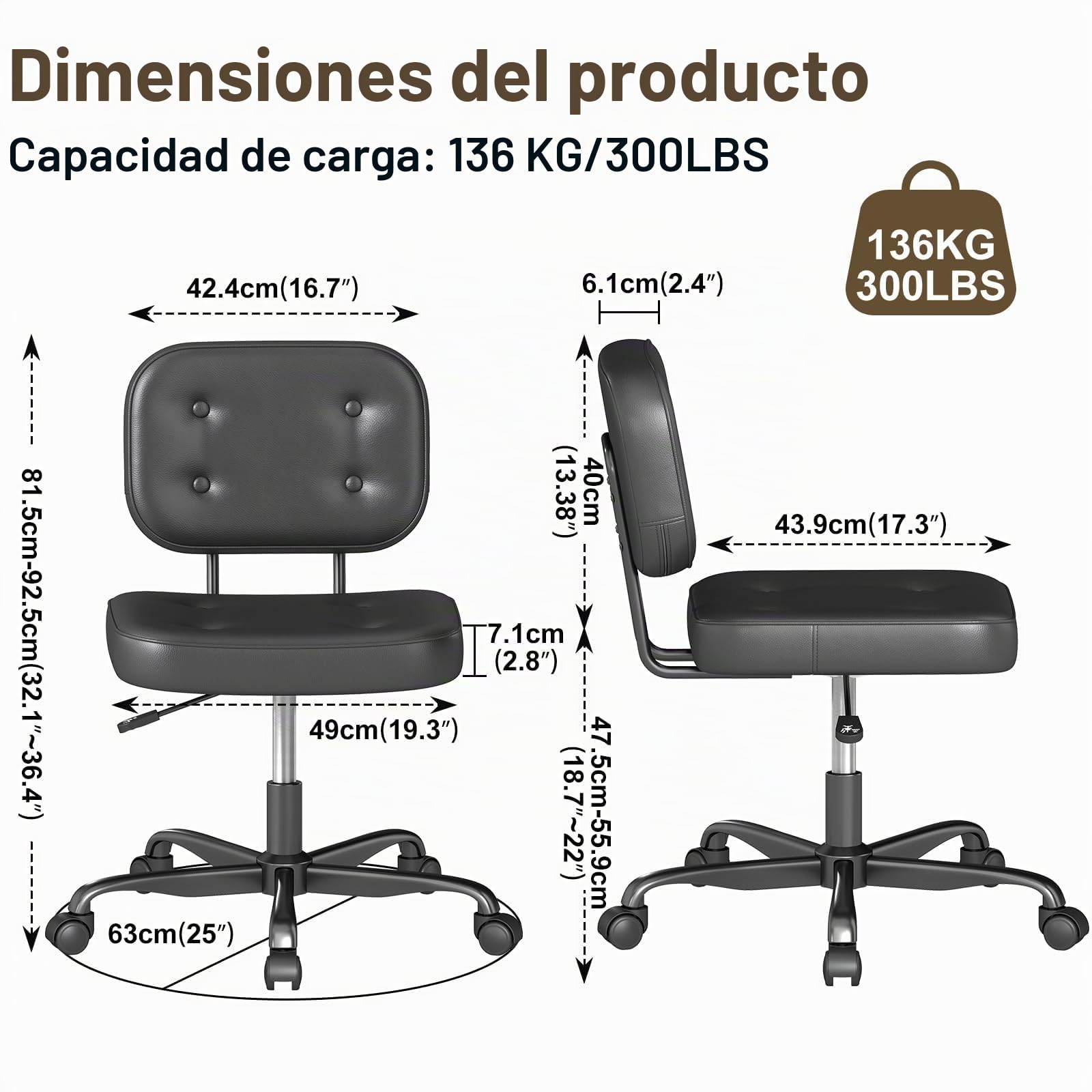 AnyGod Silla De Escritorio Sin Brazos para Oficina En Casa, Asiento Giratorio Compacto con Altura Ajustable y Ruedas, Silla Ergonómica De Respaldo Bajo En Cuero PU Negro
